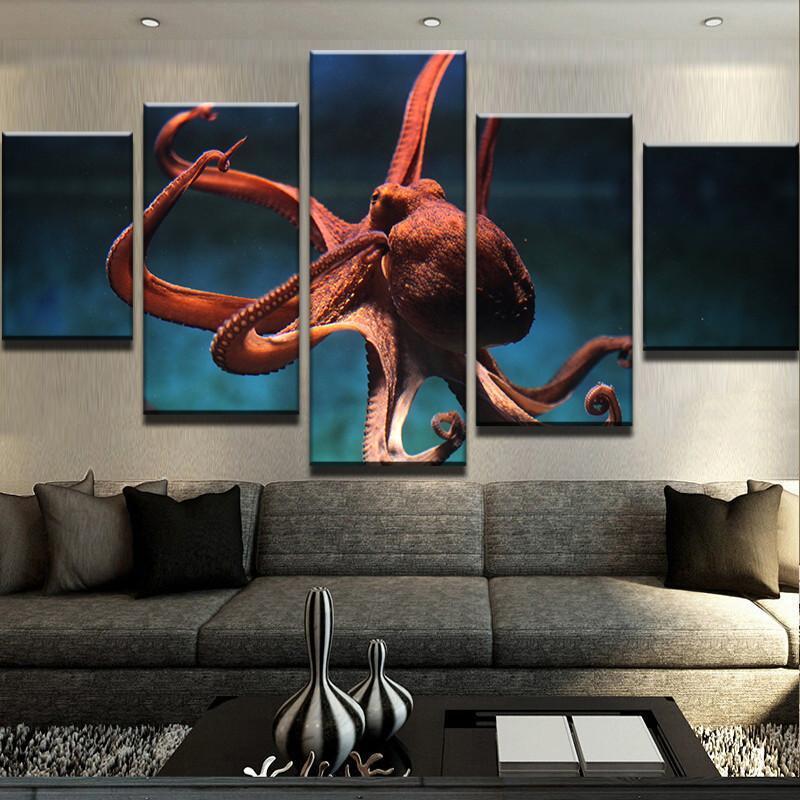 Orange Octopus - Animal 5 Panel Canvas Art Wall Decor Orange Octopus - Animal 5 Panel Canvas Art Wall Decor