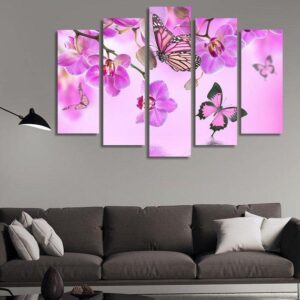 Orchids With Butterflies 02 - Nature 5 Panel Canvas Art Wall Decor