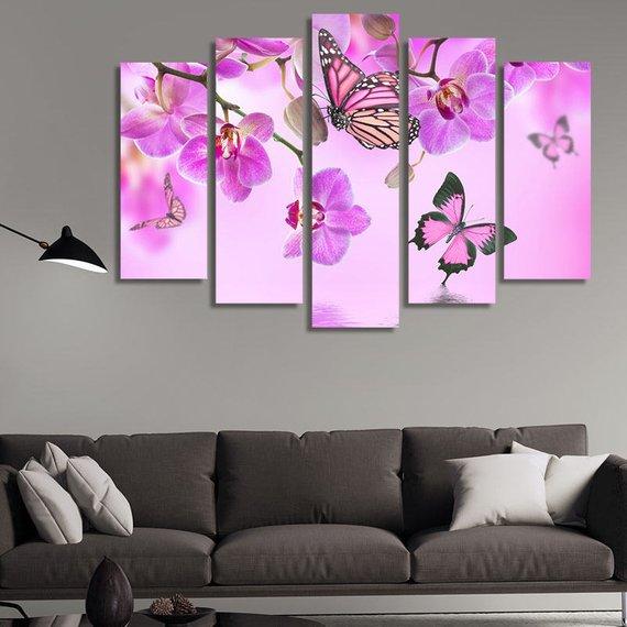 Orchids With Butterflies 02 - Nature 5 Panel Canvas Art Wall Decor Orchids With Butterflies 02 - Nature 5 Panel Canvas Art Wall Decor