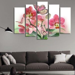 Orchids With Butterflies - Nature 5 Panel Canvas Art Wall Decor