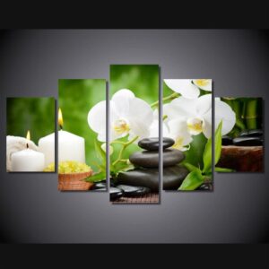Orchids stone candle - Nature 5 Panel Canvas Art Wall Decor
