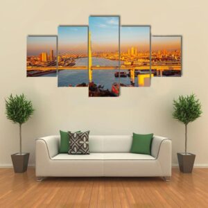 Osaka Port With Bridge And Cityscape - Nature 5 Panel Canvas Art Wall Decor