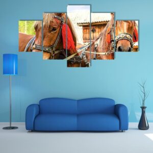 Pair Of Brown Horses Heads - Animal 5 Panel Canvas Art Wall Decor
