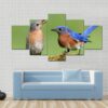 Pair Of Eastern Bluebird On A Log With Moss - Animal 5 Panel Canvas Art Wall Decor