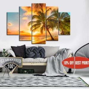Palm Beach Palm Tree - Nature 5 Panel Canvas Art Wall Decor