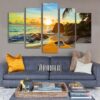 Palm Beach With Sunset - Nature 5 Panel Canvas Art Wall Decor