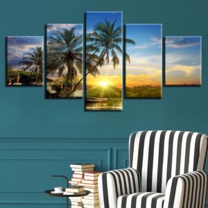 Palm Tree And Ship Sunset - Nature 5 Panel Canvas Art Wall Decor