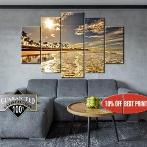 Palm Tree Beach Seascape - Nature 5 Panel Canvas Art Wall Decor