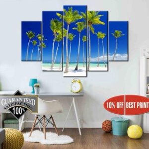 Palm Trees Beach Seascape - Nature 5 Panel Canvas Art Wall Decor
