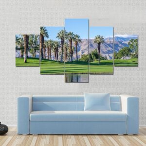 Palms Reflecting In Water On A Golf Course In Palm Desert California - Nature 5 Panel Canvas Art Wall Decor