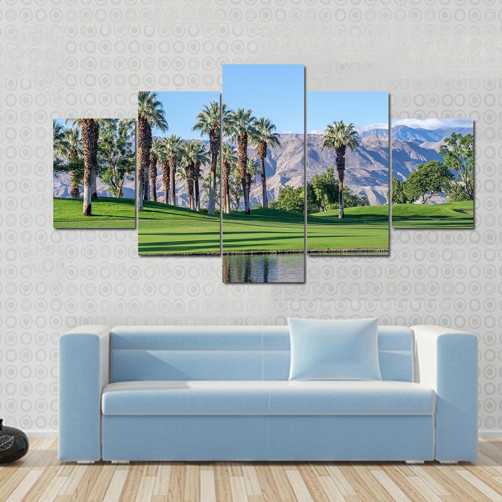 Palms Reflecting In Water On A Golf Course In Palm Desert California - Nature 5 Panel Canvas Art Wall Decor Palms Reflecting In Water On A Golf Course In Palm Desert California - Nature 5 Panel Canvas Art Wall Decor