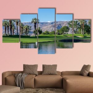 Palms Reflecting In Water On A Golf Course - Nature 5 Panel Canvas Art Wall Decor