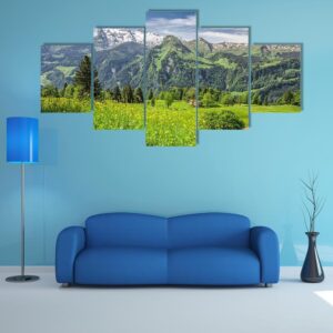 Panorama Of Swiss Alps - Nature 5 Panel Canvas Art Wall Decor