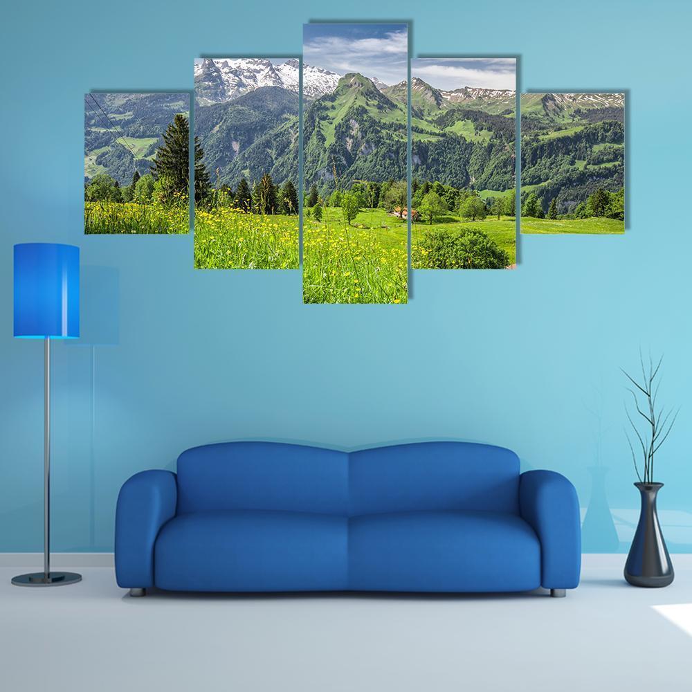 Panorama Of Swiss Alps - Nature 5 Panel Canvas Art Wall Decor Panorama Of Swiss Alps - Nature 5 Panel Canvas Art Wall Decor