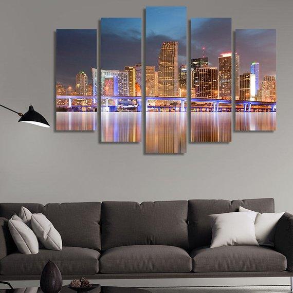 Panoramic Skyline Of Miami Florida 02 - Nature 5 Panel Canvas Art Wall Decor Panoramic Skyline Of Miami Florida 02 - Nature 5 Panel Canvas Art Wall Decor