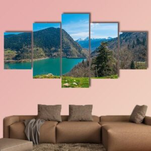 Panoramic View Of Plastiras Lake In Central Greece - Nature 5 Panel Canvas Art Wall Decor
