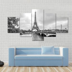 Paris Eiffel Tower From Seine - Nature 5 Panel Canvas Art Wall Decor