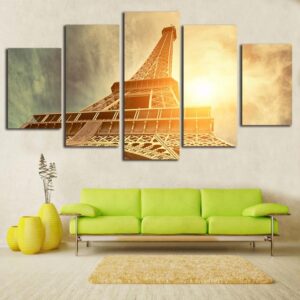 Paris Eiffel Tower Sunset - Nature 5 Panel Canvas Art Wall Decor