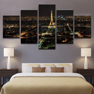 Paris Night City Eiffel Tower - Nature 5 Panel Canvas Art Wall Decor