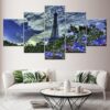 Paris Tower Blue Sky Flowers - Nature 5 Panel Canvas Art Wall Decor