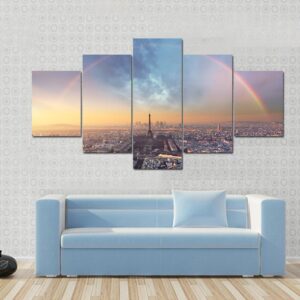 Paris With Rainbow - Skyline - Nature 5 Panel Canvas Art Wall Decor