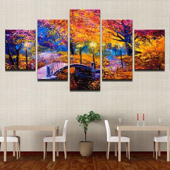 Park Night View Colorful Trees - Nature 5 Panel Canvas Art Wall Decor Park Night View Colorful Trees - Nature 5 Panel Canvas Art Wall Decor