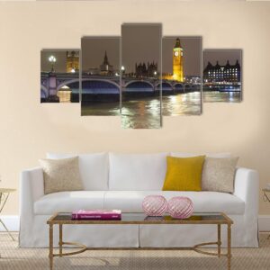 Parliament And Big Ben At Night In London - Nature 5 Panel Canvas Art Wall Decor