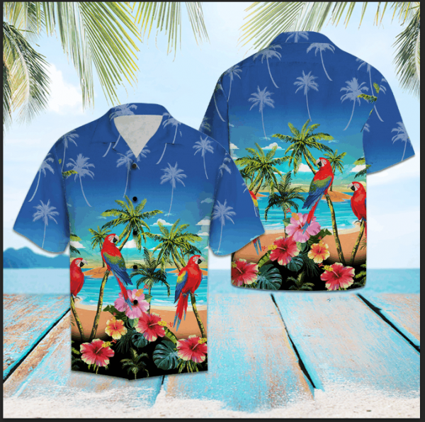 Parrot Ocean Palm Tree Hawaiian Shirt Summer Button Up Parrot Ocean Palm Tree Hawaiian Shirt Summer Button Up