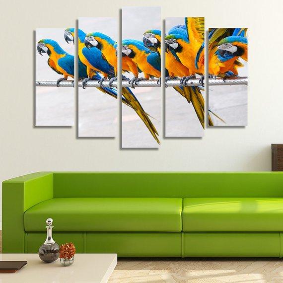 Parrots Standing In A Row - Animal 5 Panel Canvas Art Wall Decor Parrots Standing In A Row - Animal 5 Panel Canvas Art Wall Decor