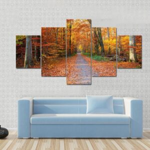 Pathway Through The Autumn Forest - Nature 5 Panel Canvas Art Wall Decor