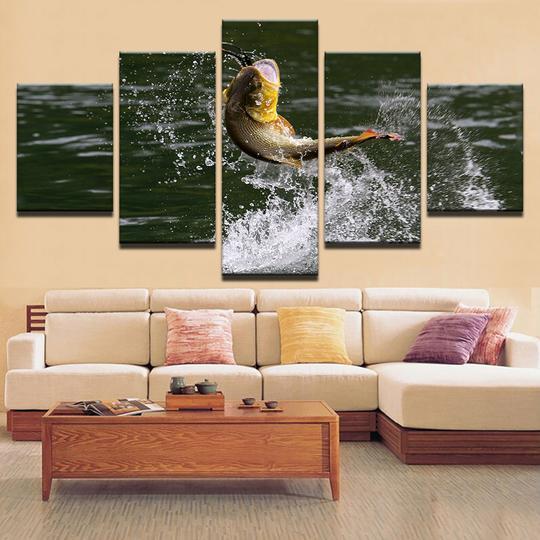 Peacock Bass Jumping - Animal 5 Panel Canvas Art Wall Decor Peacock Bass Jumping - Animal 5 Panel Canvas Art Wall Decor