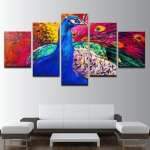 Peacock Beautiful Colorful Peacock - Abstract Animal 5 Panel Canvas Art Wall Decor