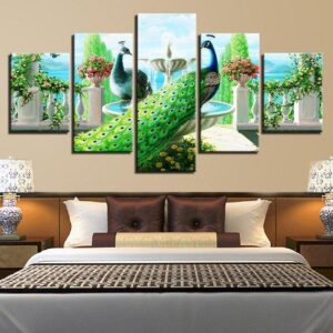 Peacock Couple Garden Fountain Peacock - Abstract Animal 5 Panel Canvas Art Wall Decor