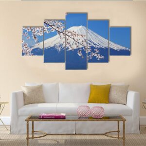 Peak Of Mount Fuji With Cherry Blossom - Nature 5 Panel Canvas Art Wall Decor