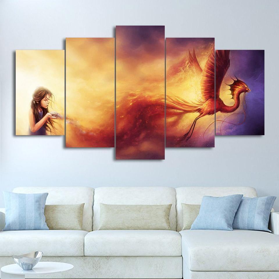 Phoenix And Little Girl Artistic Figures - Abstract 5 Panel Canvas Art Wall Decor Phoenix And Little Girl Artistic Figures - Abstract 5 Panel Canvas Art Wall Decor