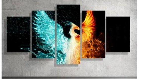 Phoenix Bird Rising - Abstract Animal 5 Panel Canvas Art Wall Decor Phoenix Bird Rising - Abstract Animal 5 Panel Canvas Art Wall Decor