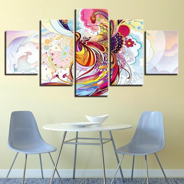 Phoenix Flowers Vine - Abstract Animal 5 Panel Canvas Art Wall Decor Phoenix Flowers Vine - Abstract Animal 5 Panel Canvas Art Wall Decor