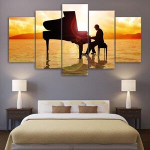 Piano Player Beach At Sunset - Music 5 Panel Canvas Art Wall Decor