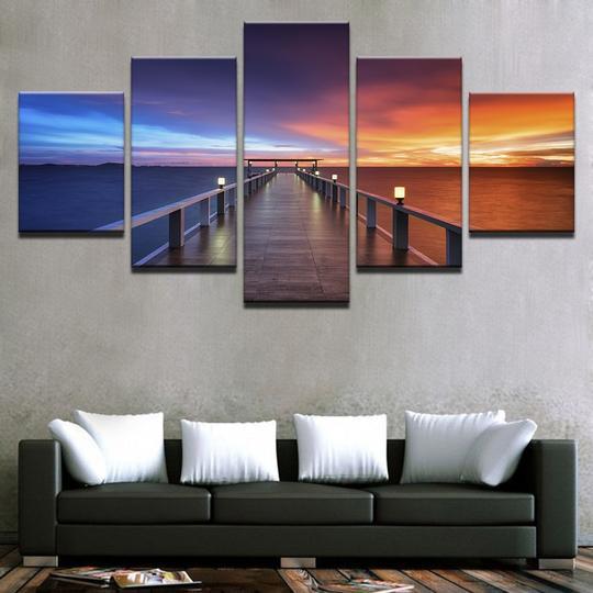 Pier At Sunset - Nature 5 Panel Canvas Art Wall Decor Pier At Sunset - Nature 5 Panel Canvas Art Wall Decor