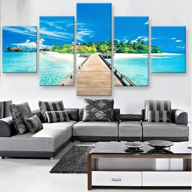 Pier To Paradise Seascape - Nature 5 Panel Canvas Art Wall Decor Pier To Paradise Seascape - Nature 5 Panel Canvas Art Wall Decor