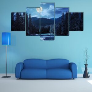 Pine Trees In Mountains And A River - Nature 5 Panel Canvas Art Wall Decor