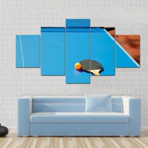 Ping Pong Ball With Paddle On Tennis Table - Sport 5 Panel Canvas Art Wall Decor