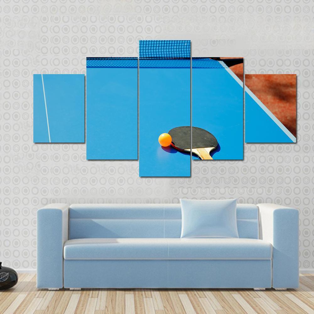 Ping Pong Ball With Paddle On Tennis Table - Sport 5 Panel Canvas Art Wall Decor Ping Pong Ball With Paddle On Tennis Table - Sport 5 Panel Canvas Art Wall Decor