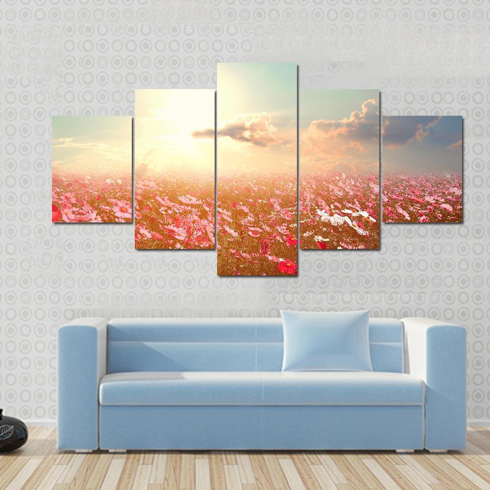 Pink And Red Cosmos Flower Field With Sunshine - Nature 5 Panel Canvas Art Wall Decor Pink And Red Cosmos Flower Field With Sunshine - Nature 5 Panel Canvas Art Wall Decor