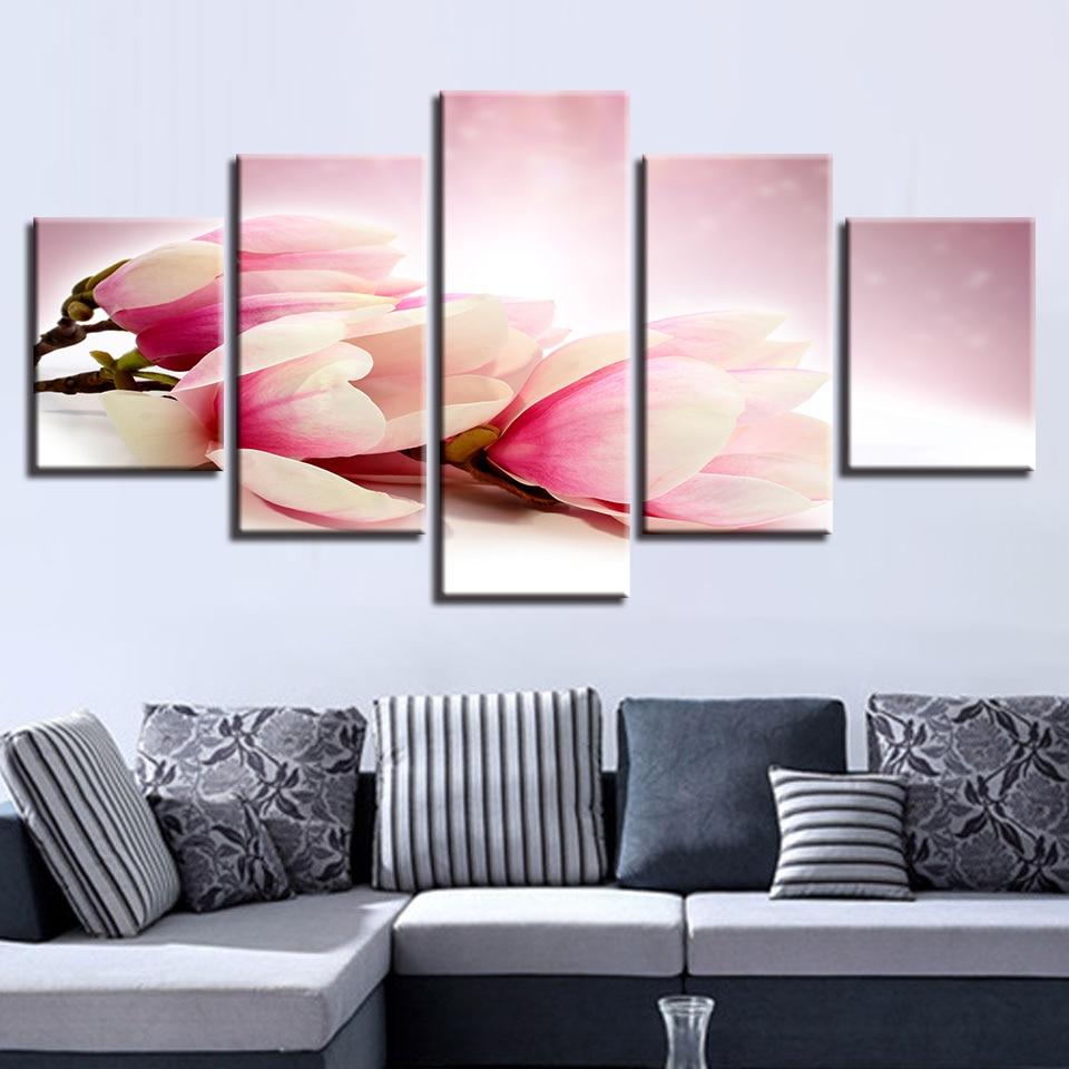 Pink And White Flowers - Nature 5 Panel Canvas Art Wall Decor Pink And White Flowers - Nature 5 Panel Canvas Art Wall Decor