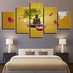 Pink And White Lotus Buddha - Religion 5 Panel Canvas Art Wall Decor