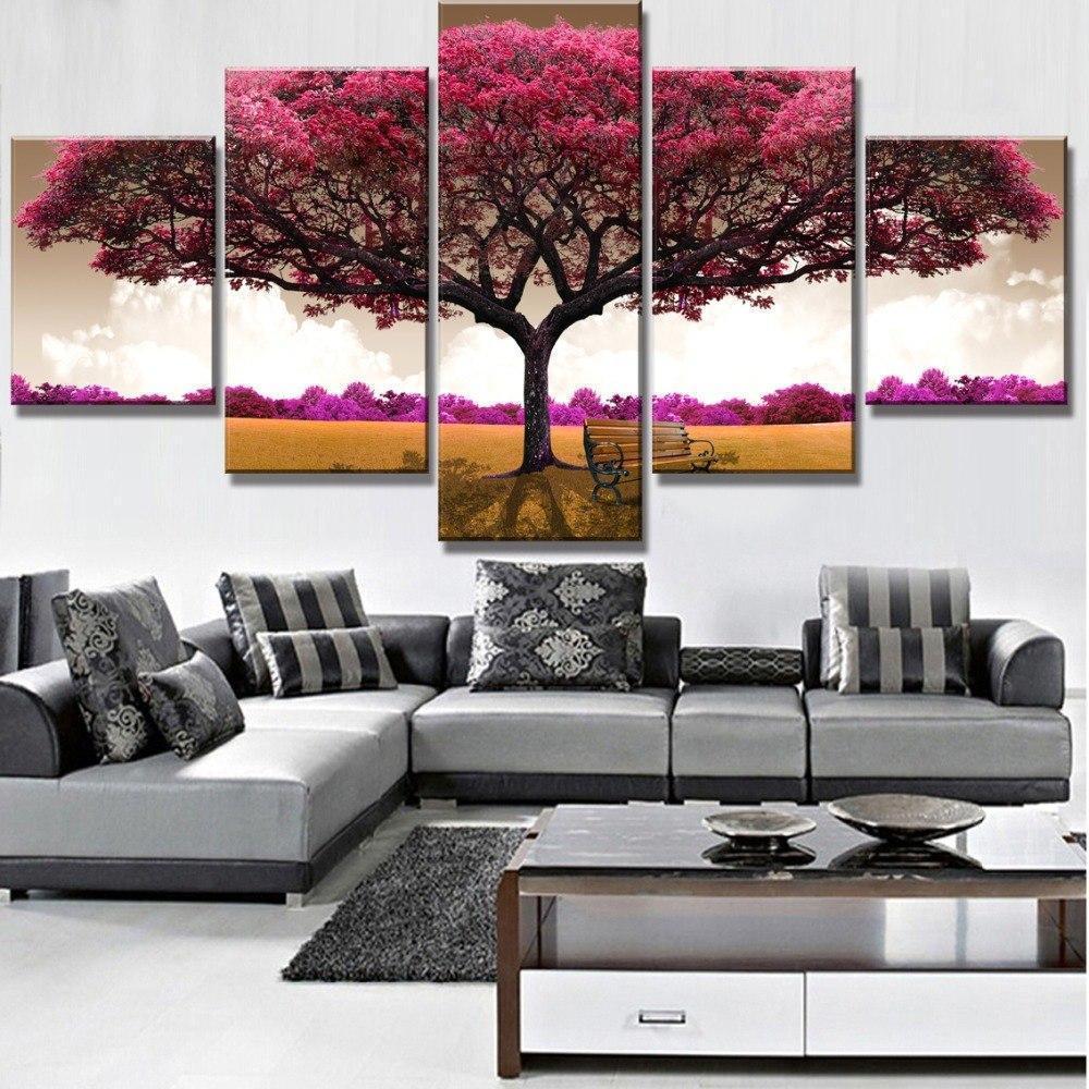 Pink Big Tree Posters - Nature 5 Panel Canvas Art Wall Decor Pink Big Tree Posters - Nature 5 Panel Canvas Art Wall Decor