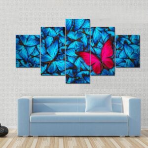 Pink Butterfly On Group Of Blue Butterfly - Animal 5 Panel Canvas Art Wall Decor