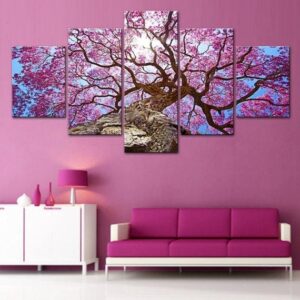 Pink Cherry Tree Beautiful Colors - Nature 5 Panel Canvas Art Wall Decor