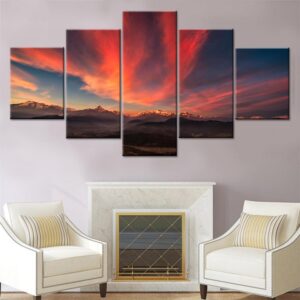 Pink Clouds And Mountain - Nature 5 Panel Canvas Art Wall Decor